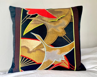 Japan lovers artisan pillow cushions with stylised flying cranes woven in gold, red, green, black made from rare vintage Japanese Obi silk