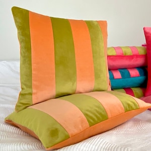 Luxury striped velvet cushion pillow in salmon pink & pistachio green or bright pink and blue fully cotton lined zip open bright bold colour