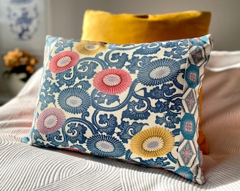 Vintage Japanese Kimono Silk Cushion | Floral Silk & Pink Velvet Pillow