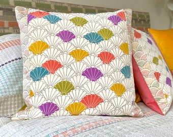 Fresh spring pillow cushion made from two rare vintage Japanese kimono silks classic scallop pattern with pops of colour Lush velvet reverse