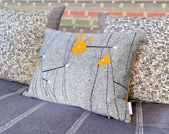 Throw cushion pillow mid century modern floral yellow black & white made from fine vintage Japanese kimono silk new sunshine yellow velvet