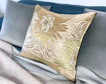 Vintage Japanese Obi silk cushion pillow in a gorgeous metallic art deco, chinoiserie floral woven in gold, mint, pink, silver & velvet back