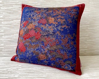 Vintage Japanese kimono silk & velvet decorative cushion pillow oriental chinoiserie floral in blue red rust William Morris and Japan Lovers