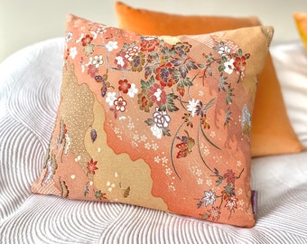 Silk pillow cushion chinoiserie butterfly blossom floral in dusky salmon pinks made from rare vintage Japanese kimono silk + lush new velvet