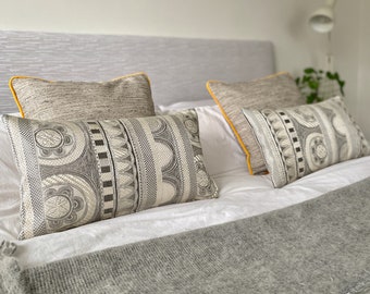 Artisan bolster cushion pillow made from a rare vintage Japanese obi belt woven in shades of grey & silver metallic silk oriental, arabesque