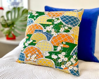 Spring decor pillow cushion in colourful retro floral green, blue, yellow, orange, gold made from vintage Japanese kimono silk & blue velvet