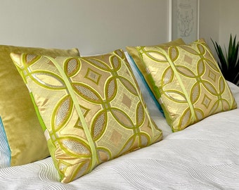 Statement cushion pillow geometric circle design woven in lime green, silver, gold metallic silk made from a rare vintage Japanese obi belt