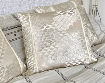 Statement cushion pillow silver clouds and triangles made from rare vintage Japanese obi belts woven in cream & metallic white silk Limited