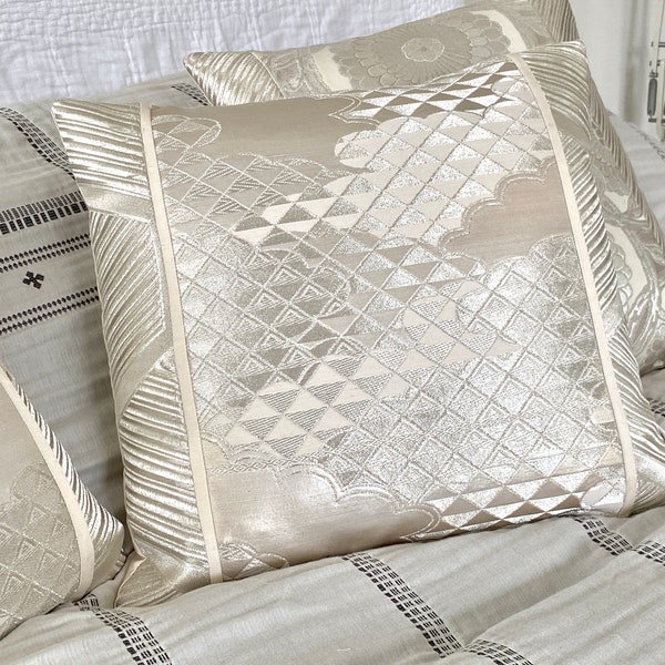 Statement cushion pillow silver clouds and triangles made from rare vintage Japanese obi belts woven in cream & metallic white silk Limited