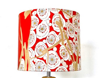 Vintage Japanese kimono silk lampshade in a mid century lovers stylised floral in red with yellow & cream detail option yellow ceramic base