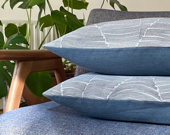 Bolster pillow lumber cushion made from rare Japanese Kimono silk & Irish linen mid century modern geometric wave design in indigo blues