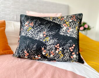 Spring cushion pillow chinoiserie floral in pink & yellow on black satin silk made from rare vintage Japanese kimono silk + new pink velvet