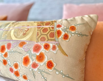 Extra long bolster cushion pillow oriental chinoiserie floral in peach, pink, grey & gold detail made from rare vintage Japanese Kimono silk