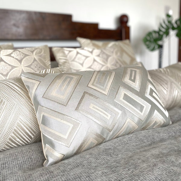 Statement cushion lumber pillow in metallic silver grey cream modernist geometric brick design made from vintage artisan Japanese obi silks