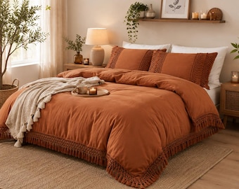 Parure de Lit Bohème 3 Pièces à Franges – Housse de Couette Terracotta Rouille ou Beige – 2 Taies d’Oreiller – Literie Boho Cocooning