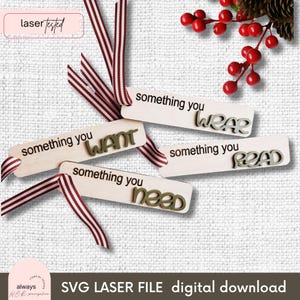 SVG (デジタル ファイル) 欲しい、必要、着用、読むタグ | レーザー カット用カット ファイル | モダンな木製装飾