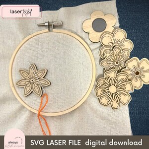 Op de afbeelding: Een houten borduurring met beige stof, een naald met oranje draad en verschillende houten bloemuitsparingen. De tekst "laser tested" en "SVG LASER FILE digital download" zijn zichtbaar.