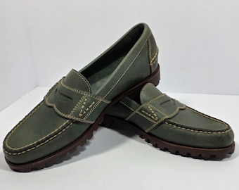 Cole Haan Country Olive Green Lug Sole Penny Loafers Mens 7 Womens 8.5-9 Brazil
