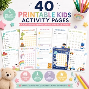 Kids Activity Pages Bundle | 40 Printable Chore, Reward, Routine Charts (PDF)