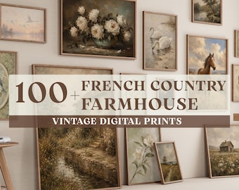Könnte beinhalten: Eine Sammlung gerahmter Wandkunstdrucke mit Landschaften, Blumenarrangements, Schwänen und einem Pferd, wobei der Text 100+ FRENCH COUNTRY FARMHOUSE VINTAGE DIGITAL PRINTS mittig über der Anordnung auf einer hellen Wand platziert ist.