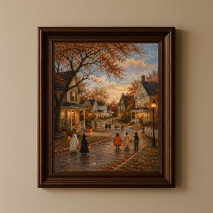 May include: A framed painting depicting a neighbourhood street scene during autumn at dusk. Children in various costumes walk along a leaf-covered path past houses with glowing windows and lit jack-o'-lanterns under a sunset sky.