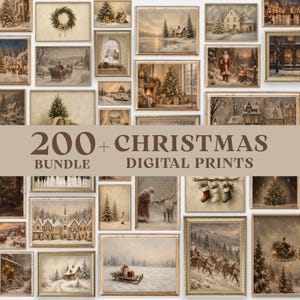 May include: A collection of over 200 digital Christmas prints featuring vintage-style winter scenes, including snowy landscapes, decorated trees, Santa Claus, reindeer, and holiday stockings, all presented in a grid with the text 200+ CHRISTMAS BUNDLE DIGITAL PRINTS.