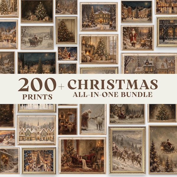 May include: A collection of framed Christmas-themed art prints featuring snowy landscapes, decorated trees, Santa Claus, and festive village scenes. The central text reads 200+ CHRISTMAS PRINTS ALL-IN-ONE BUNDLE in brown lettering.