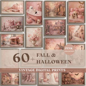 May include: A collection of over 60 digital art prints featuring autumn and Halloween themes in shades of pink. The images include pumpkins, ghosts, skulls, floral arrangements, cakes, and street scenes, all presented in a soft, vintage aesthetic.
