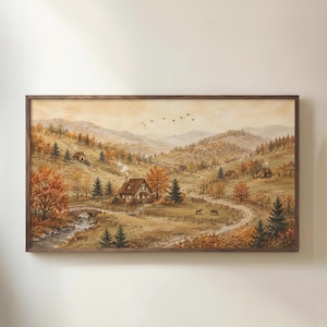 May include: A landscape painting in a dark wood frame depicting a rural autumn scene with a cottage, a stone bridge over a stream, rolling hills, and trees with orange and brown foliage. A flock of birds flies across the pale, hazy sky.