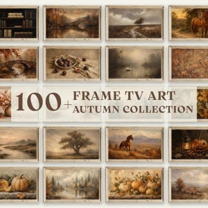 Può includere: Una collezione digitale di oltre 100 opere d'arte per TV Frame a tema autunnale, inclusi paesaggi, nature morte con zucche e frutta, cavalli e scene rustiche, tutte in cornici chiare con il testo 100+ FRAME TV ART AUTUMN COLLECTION.