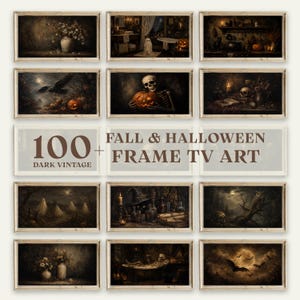 Può includere: Una collezione di oltre 100 stampe d'arte digitale vintage scure per TV a cornice a tema autunnale e Halloween, con fantasmi, scheletri, zucche, pipistrelli e gufi, che include il testo 100+ FALL & HALLOWEEN DARK VINTAGE FRAME TV ART.