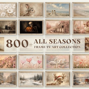 Op de afbeelding: Een digitale collectie van 800+ All Seasons Frame TV Art met diverse landschaps-, seizoens- en vakantiethema schilderijen. Het raster toont meerdere ingelijste afbeeldingen waaronder een konijn, een skelet met pompoen, zwanen en winterscènes.