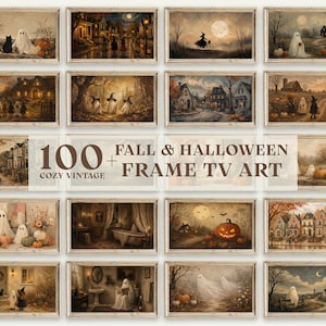 May include: A collection of 100 digital art files for television screens featuring vintage-style autumn and Halloween scenes. The images display ghosts, pumpkins, witches, and seasonal landscapes in a muted, warm colour palette with text overlay.