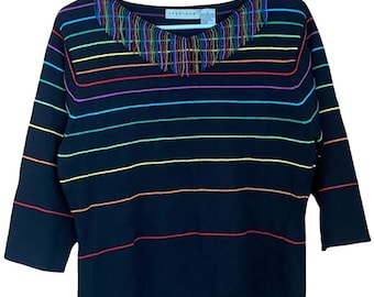Vintage rainbow striped black linen cotton beaded tassel sweater size large