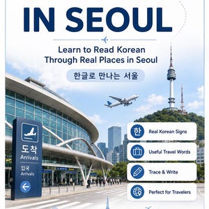 Op de afbeelding: Een digitale omslag voor een werkboek getiteld HANGUL IN SEOUL Learn to Read Korean Through Real Places in Seoul. Het ontwerp bevat een blauw en wit kleurenschema, een vliegtuig, de N Seoul Tower en een luchthaventerminal met bewegwijzering.