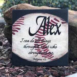 Personalized Sport Baseball Sign with Name & Scripture (Phil. 4:13) - 14" x 14" SignsbyDenise