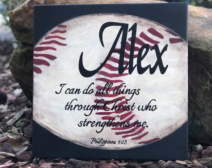 Personalized Sport Baseball Sign with Name & Scripture (Phil. 4:13) - 14" x 14" SignsbyDenise