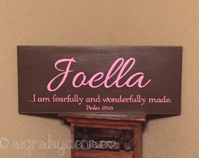 Child Name with Scripture Sign, I am fearfully and wonderfully made. Psalm 139:14, Baby Sign - 24" x 10" SignsbyDenise