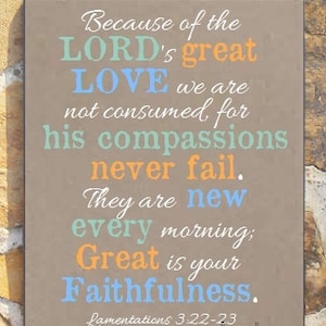 Lamentations 3:22-23 Sign, Because of the LORD&#39;s great love, Great is your faithfulness, Great is thy faithfulness. Scripture Sign 16&quot; x 19&quot;