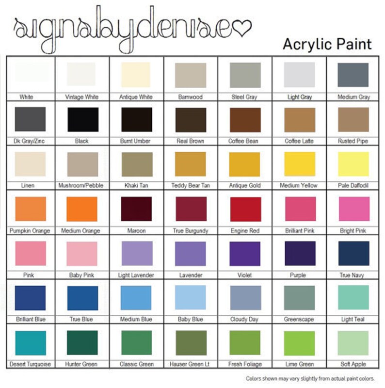 May include: A color chart showing 36 different acrylic paint colors. The colors are arranged in rows and columns, with the names of each color listed below. The chart is titled "Acrylic Paint".