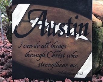 Personalized Sport Football Sign with Name & Scripture (Phil. 4:13) - 14" x 14" SignsbyDenise