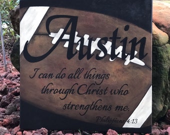 Personalized Sport Football Sign with Name & Scripture (Phil. 4:13) - 14" x 14" SignsbyDenise