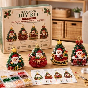 May include: A 3D beaded DIY kit for a 4-piece Santa's Christmas tree collection. The set includes a box with illustrations of four ornaments, a plastic container with assorted coloured beads, a printed instruction sheet, a needle, and scissors.