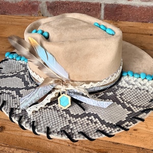 Handmade Burned Western Hat with Turquoise and Cow Skull with REAL Python Skin