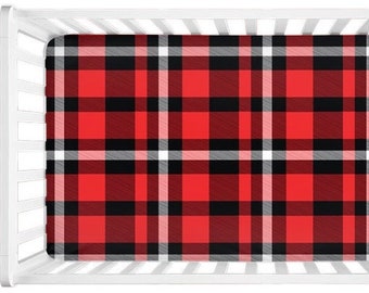 Red Tartan Plaid Jersey Knit Crib Sheets, Firetruck Nursery, Lumberjack Christmas Baby Bedding