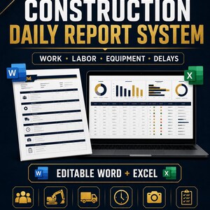 Puede incluir: Un sistema digital de informes diarios de construcción con una plantilla de documento y una computadora portátil que muestra gráficos. El texto dice CONSTRUCTION DAILY REPORT SYSTEM, WORK, LABOR, EQUIPMENT, DELAYS, EDITABLE WORD + EXCEL.