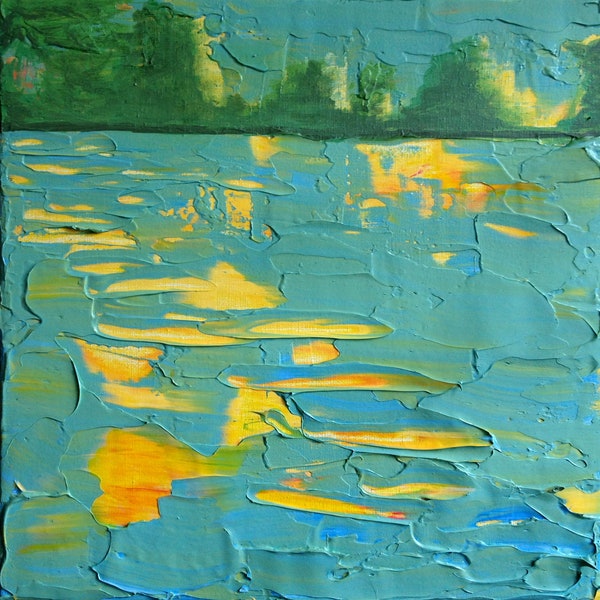 abstract painting turquoise, yellow, green, orange canvas, 12X12  water reflections