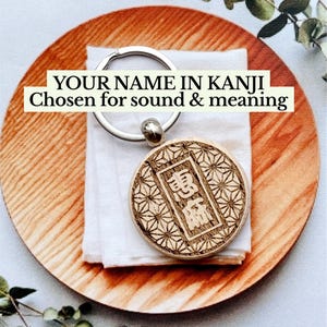 May include: A round wooden keychain featuring a laser-engraved geometric pattern and a central rectangular frame containing two Japanese kanji characters. The text "YOUR NAME IN KANJI Chosen for sound & meaning" is overlaid on the image.