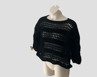 Plus Size Crochet Sweater, Handmade Black Knit Jumper