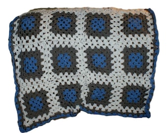 Granny Square Crochet Baby Blanket, Blue Gray Afghan